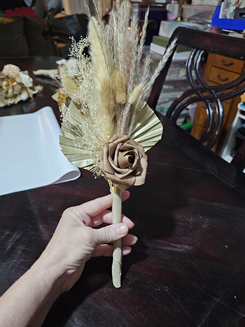 Neutral Brown Faux Rose Junior Bridesmaid Bouquet 4 with Dried Accents